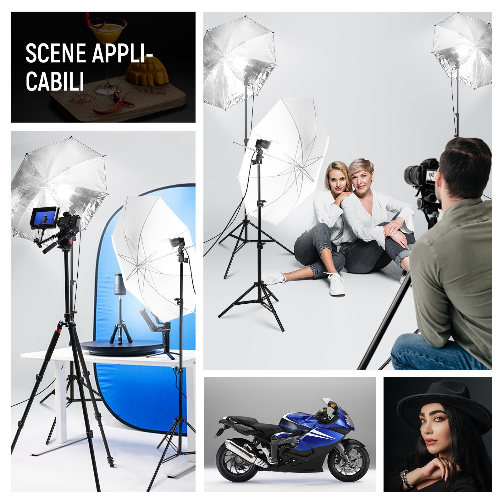 NEEWER Kit di Illuminazione Fotografica 600W,Equivalente a Incandescenza con 2 Ombrello Bianco,2 Ombrello Nero, 3 Lampadina LED da 24W,3 Stativo per Luce, 2Borsa, 5 Fascetta,3 Base per Presa E27,NK500