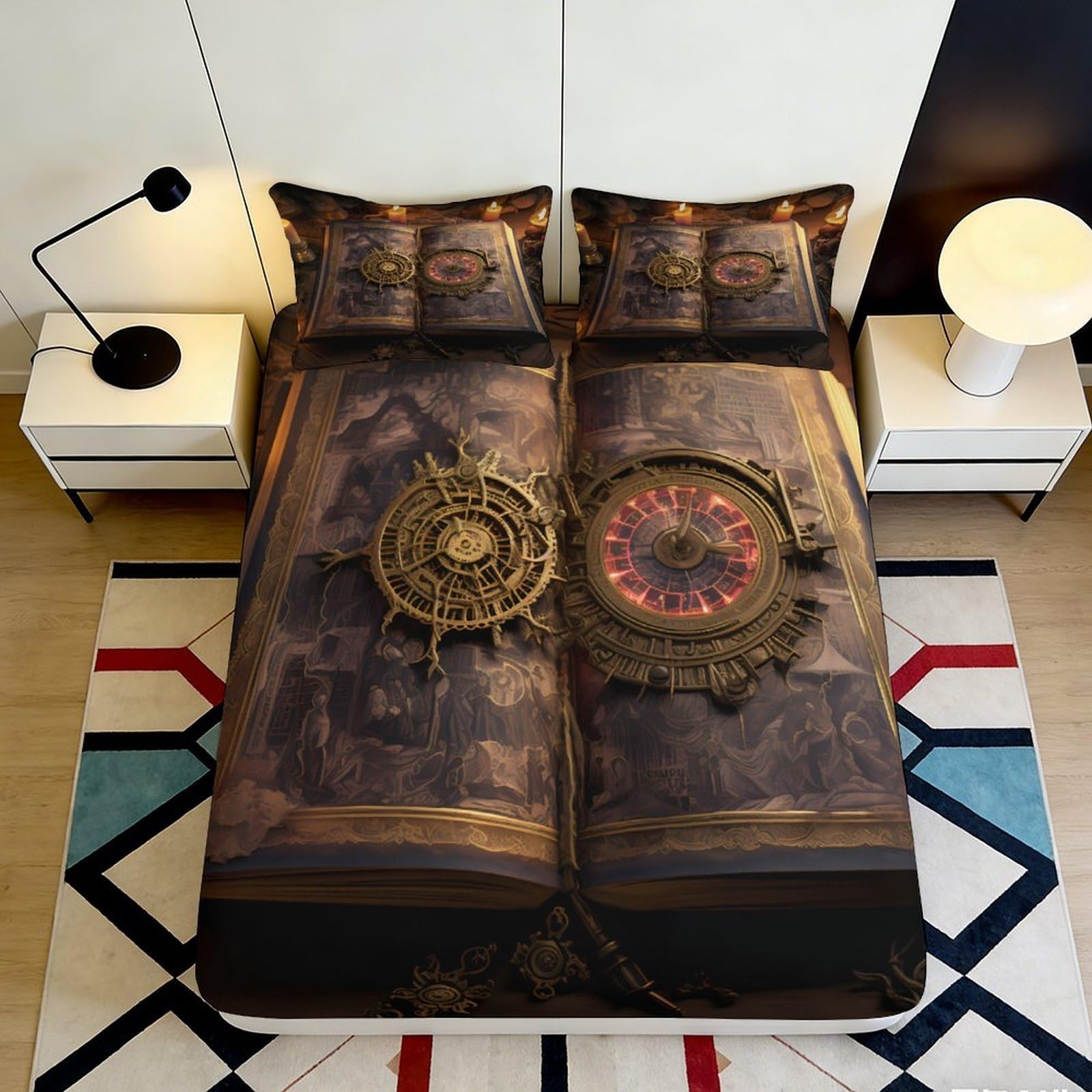 3D Printed Antique Clock Fitted Sheet Microfiber Soft Breathable Steampunk Book Bed Cover for Bedroom Dormitory Guest Room Mattress Protection 90x200x25cm