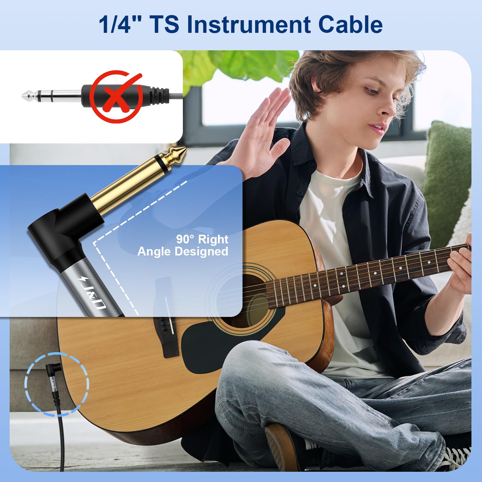 J&D Cable de Guitarra 2 Pack, Cable Instrumental TS 1/4 Pulgada (6.35mm), para Guitarra Eléctrica, Bajo, Teclado, Amplificador, Altavoz, Angulo Recto a Recto, Gris, 4,5 Metros