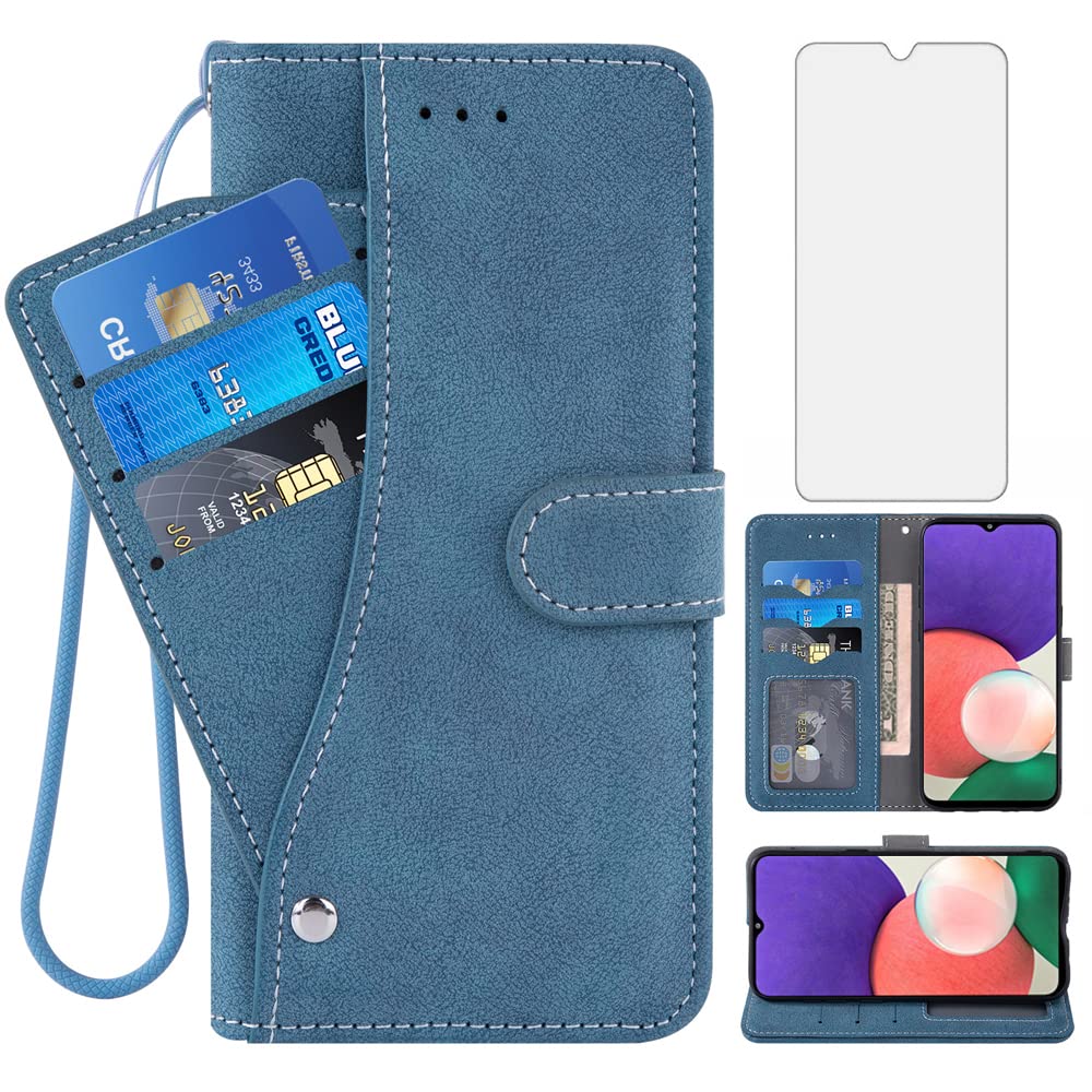 Asuwish Compatible with Samsung Galaxy A22 5G 6.6 inch Wallet Case and Tempered Glass Screen Protector Flip Credit Card Holder Stand Cell Accessories Phone Cover for SGlaxay A 22 22A G5 Women Men Blue