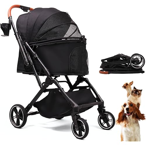 Pet Stroller for Small Medium Dogs Cats Up to 45 lbs, Travel Lite Collapsible, All Terrain 4 Wheels for Jogging, Running, Black