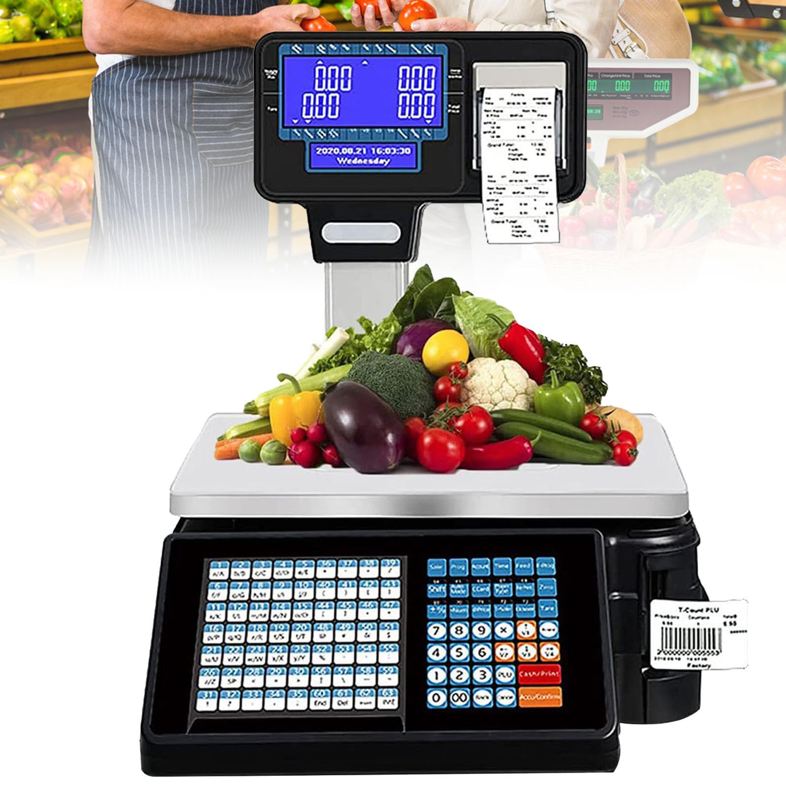 LYDZUSDP Label Printing Scales,Digital Barcode Weighing Scales,Back Front Dual Display,63 Shortcut Keys Commercial Cash Register for Supermarket Weighing