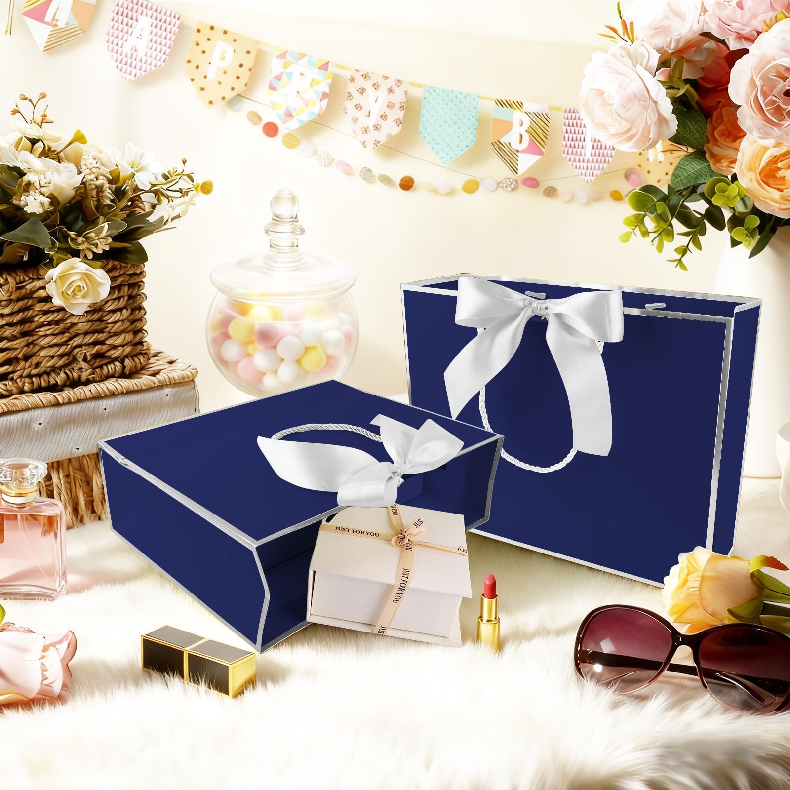 Addblu 12 Pack Large Navy Blue Gift Bags with Handles, 12.6x10x4'' Includes 36 Tissue Papers, Bow Ribbon & Cards for Wedding, Birthday, Bridesmaid, Groomsmen, Valentine's Day, Easter (Blue and Silver, 12pcs)