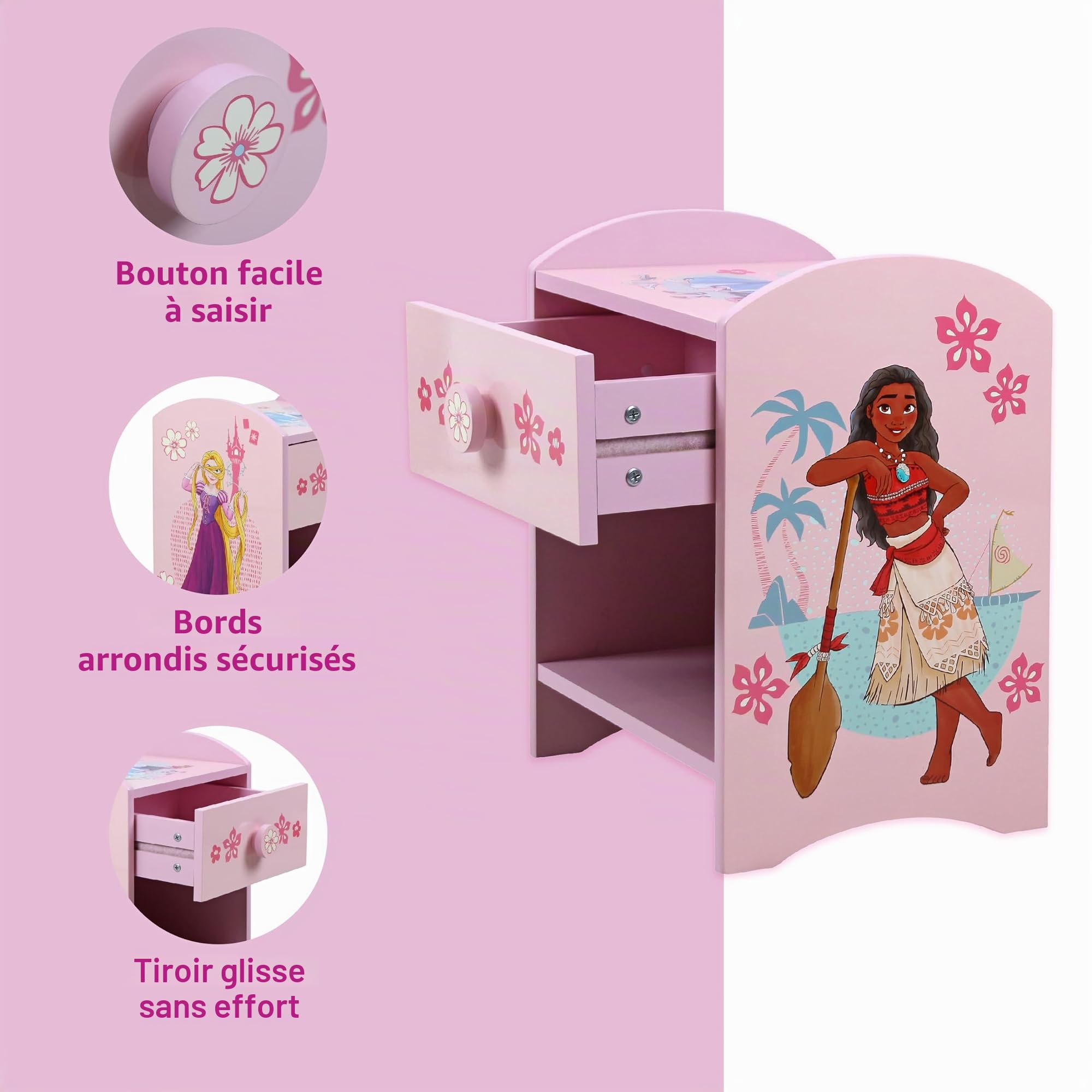 Disney Princess Moana et Raiponce Table de Chevet : Construction Robuste en Bois avec Un Design à 2 Niveaux, Petite Table d’appoint avec tiroir et étagère de Rangement pour Chambre d’Enfant