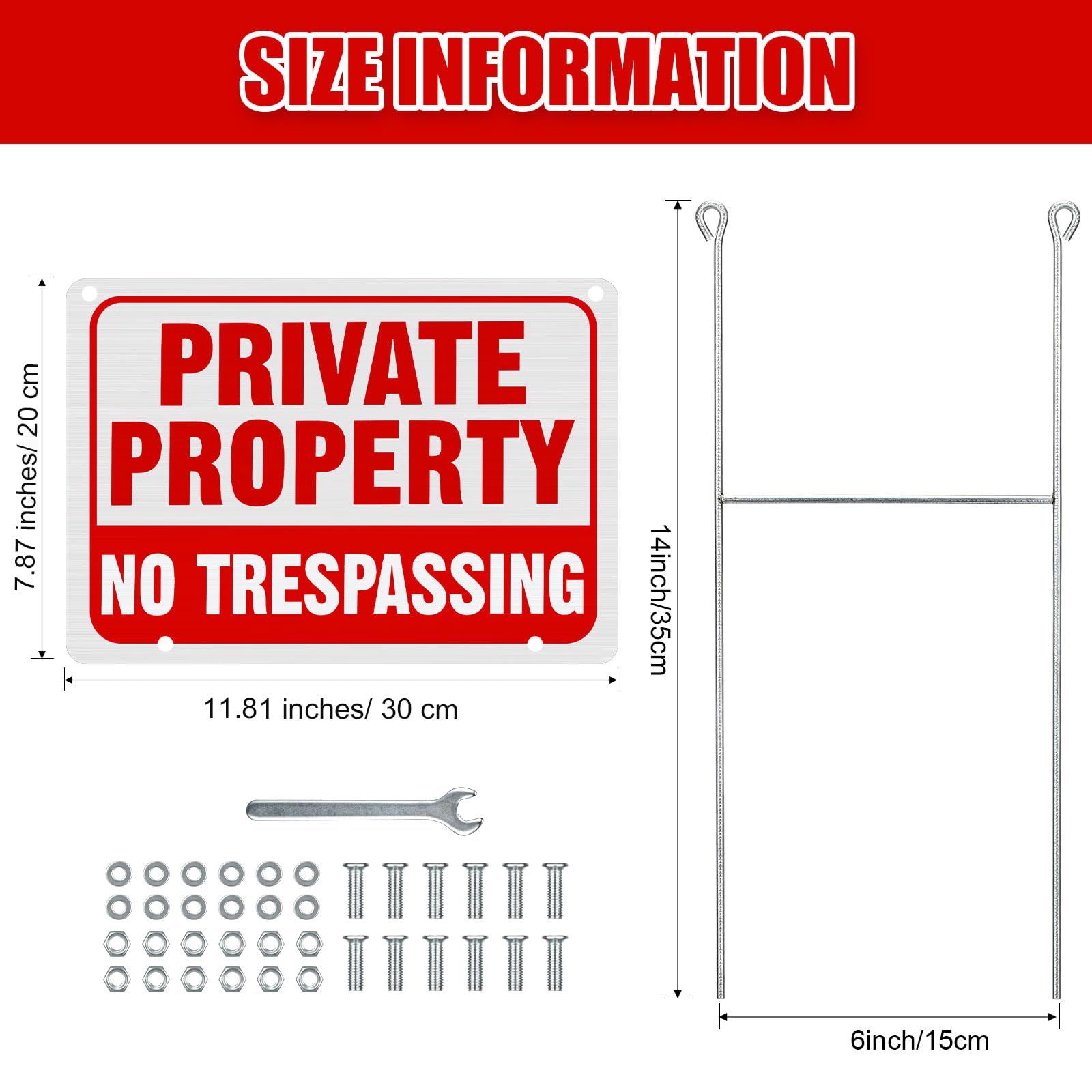Zonon Lot de 6 panneaux en métal « No Trespassing » - 30,5 x 20,3 cm - Panneaux de propriété privée avec piquet en H réfléchissant en aluminium - Résistant aux intempéries - Pour extérieur - Facile à