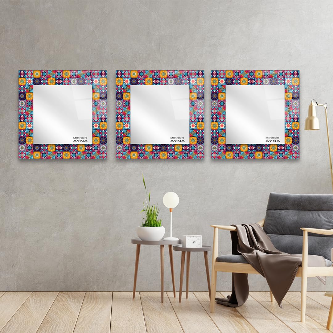 Ferozzi Tile Patterned Glass Mirror Three Piece Set, Mirrors for Wall Decoration, Mirrors for Entryway Living Room Bedroom Office Decor & Home Decor, Pack of 3 (Fethiye)