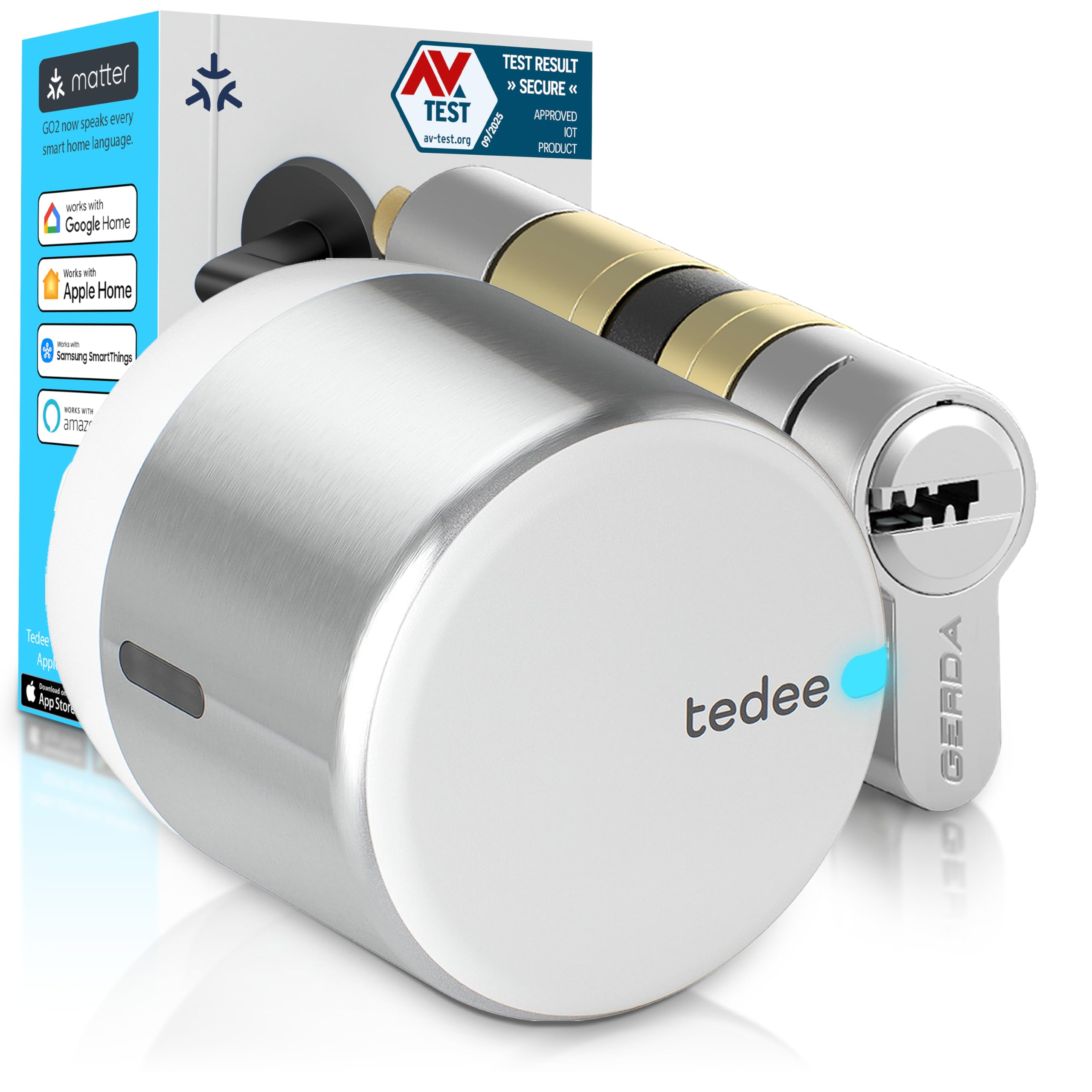 Tedee GO2 Alu Serrure Intelligente Connectée avec Cylindre EXXO Smart Bluetooth – Sécurité Classe 6, Entrée sans Clé, DIY | Verrouillage Automatique | Compatible Matter, Alexa, Google, Apple