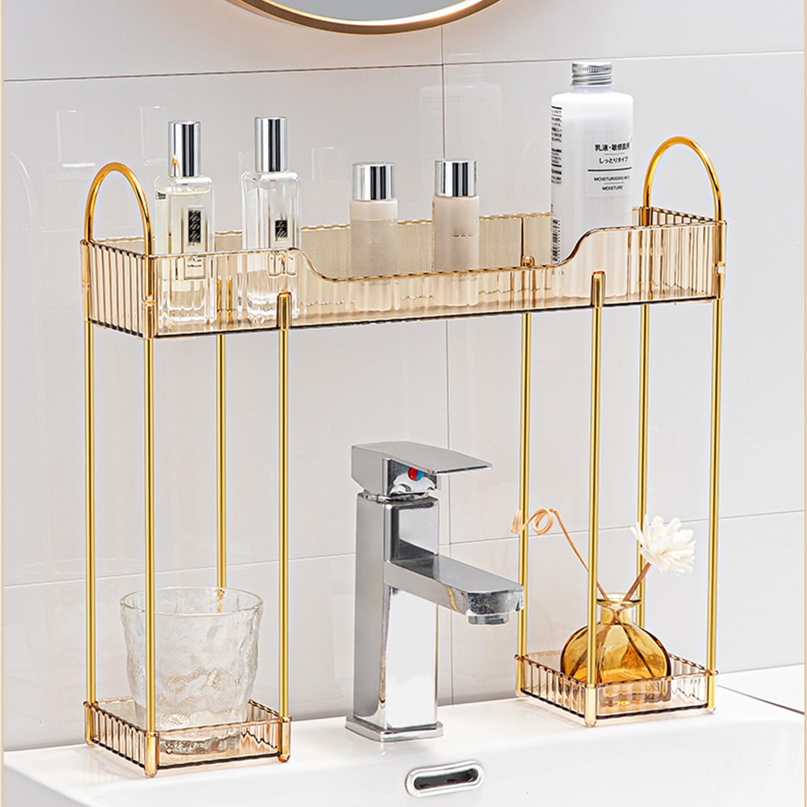 WIWIUXY Makeup Organizer for Vanity 2-Tier Bathroom Sink Organizers Shelf Over Faucet Countertop Organizer Rack with Gold Plastic