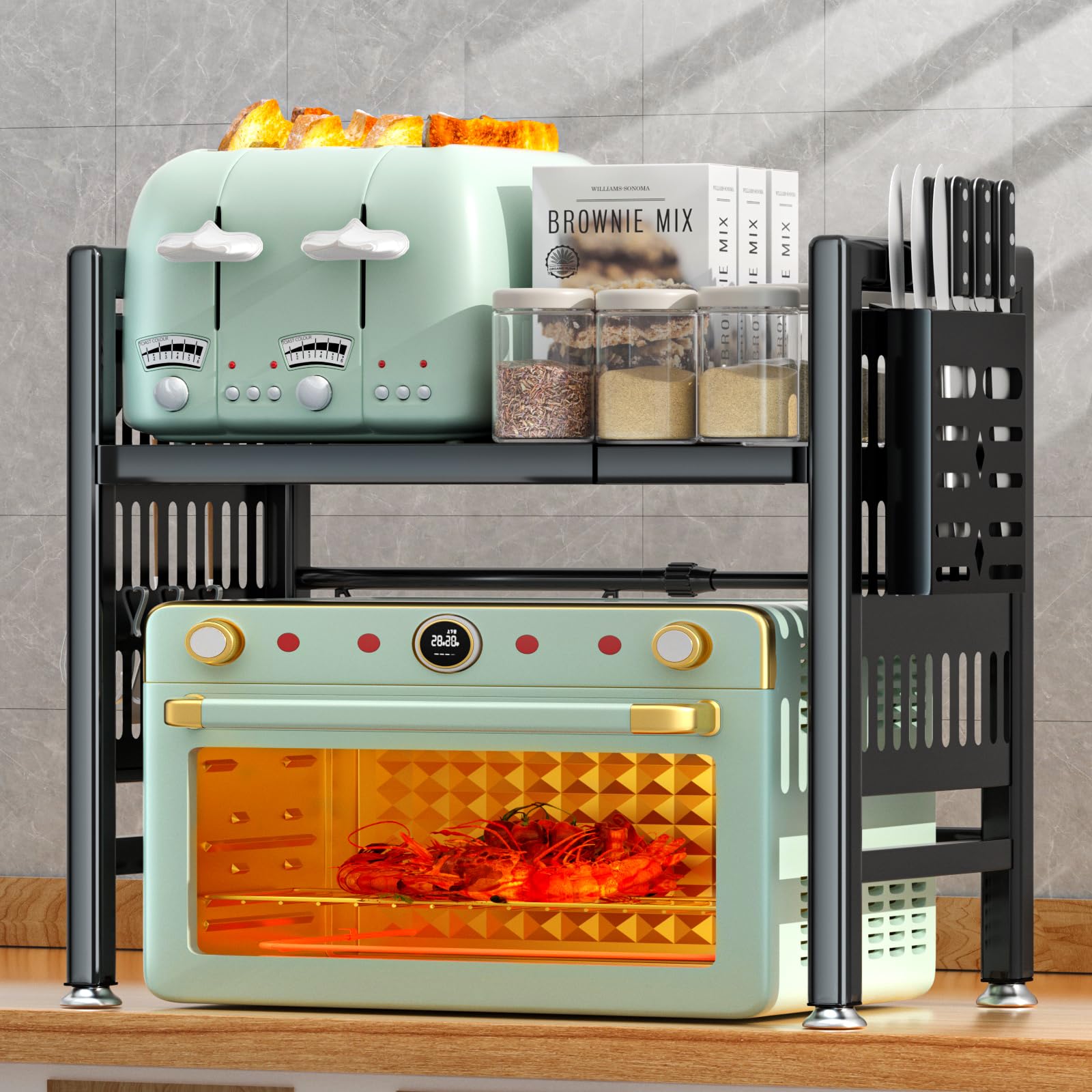 NLMWTI Soporte Extensible para Microondas de 2 Niveles con Soporte Cuchillos 6 Ganchos, Soporte Microondas Soporte Microondas Extensible para Encimera de Cocina, 40-65 cm