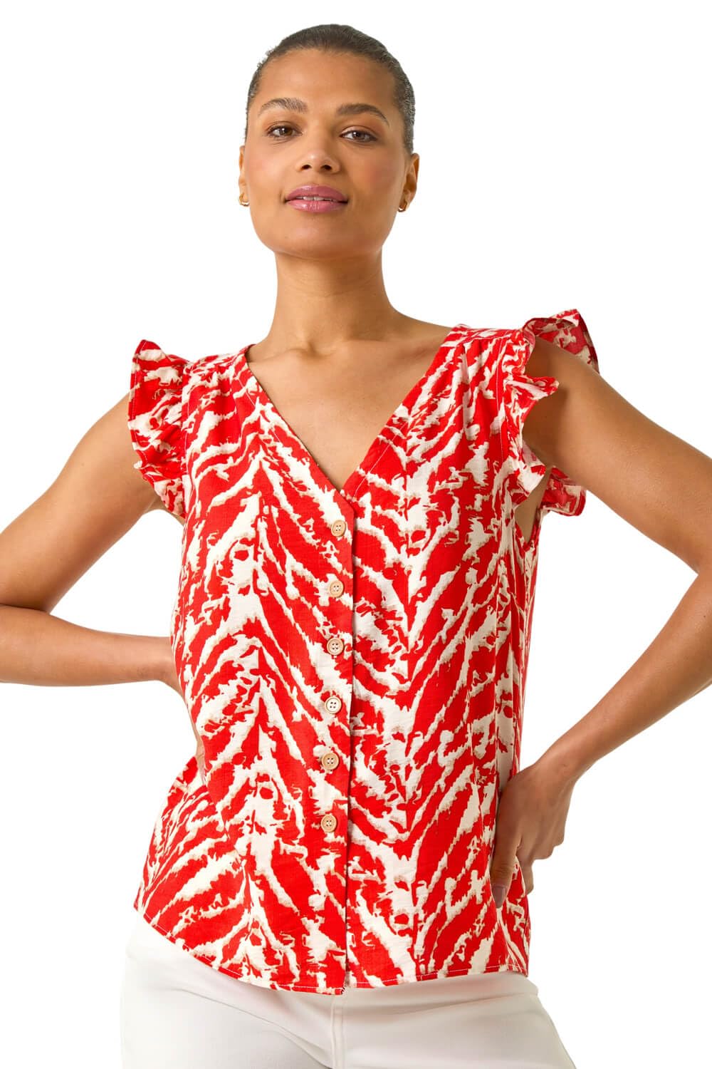 Roman Printed Frill Sleeve Button Blouse - Women's V-Neck Sleeveless Red Size 12