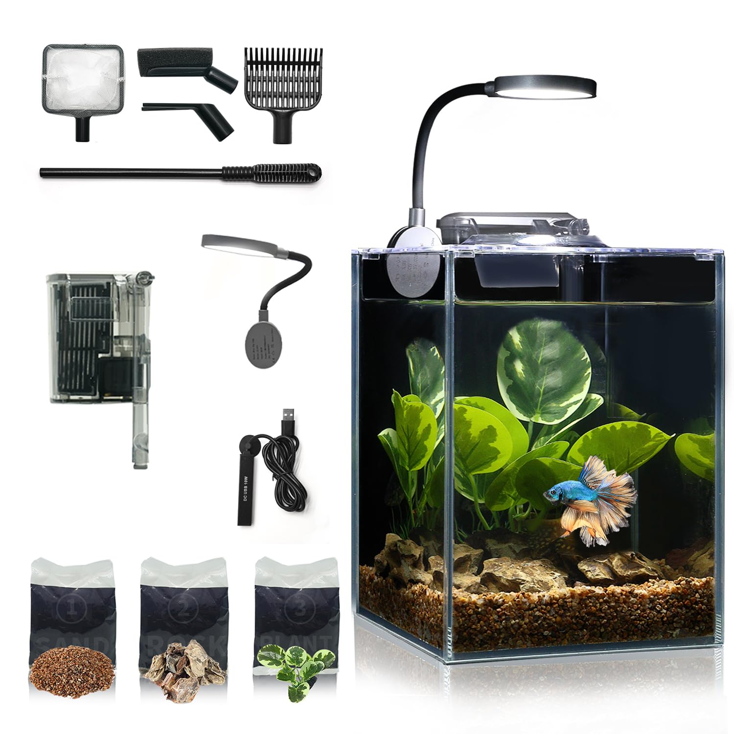Desktop Betta Kleines Aquarium Glasaquarium 5 Liter Komplettset 15x15x20, Selbstreinigendes Filtersystem, Helles LED-Licht, Kies, Pflanze, Reinigungswerkzeug, Starter-Set für kleine Räume
