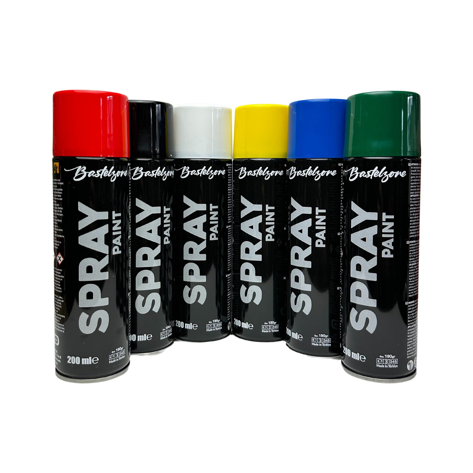 Zestaw farb w sprayu, 6 kolorów, 200 ml, każda szybkoschnąca puszka w sprayu graffiti do drewna, kamienia, metalu, szkła, czarny, biały, niebieski, zielony, czerwony, żółty