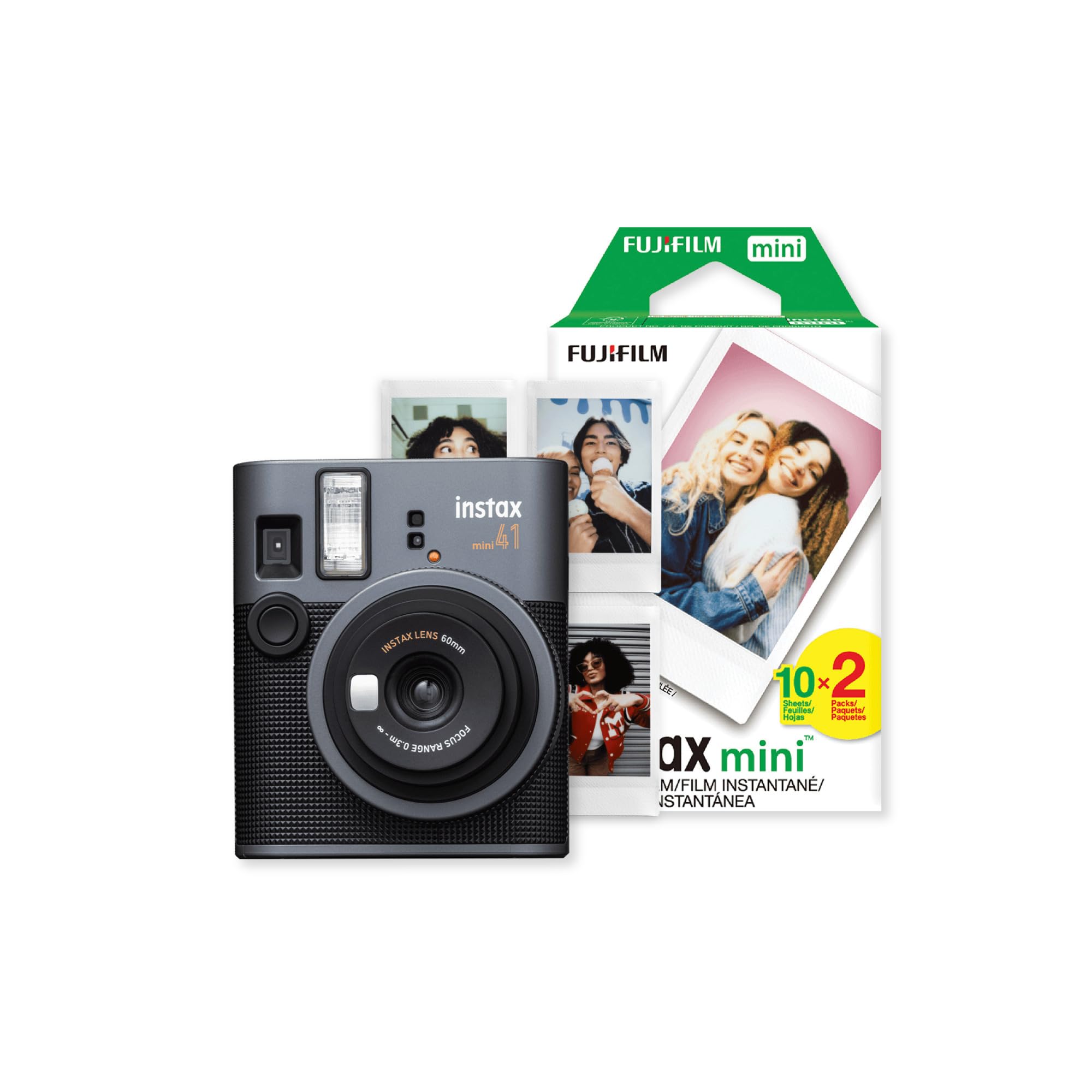 Fujifilm Instax Mini 41 Black Instant Camera with Auto Exposure Control, Selfie Mirror, and Sleek Design Bundle with Intax Mini Twin 20 Exposure Pack