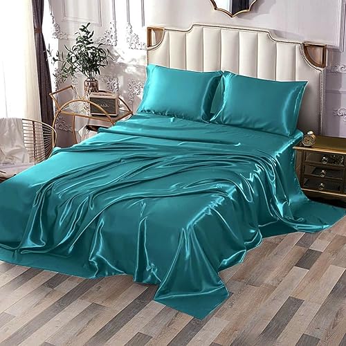 Sfoothome 3 Pieces Satin Sheets for Twin Size Bed, Hotel Silky Teal Satin Sheet Set, Satin Bed Sheets with 1 Satin Fitted Sheet + 1 Satin Flat Sheet + 1 Satin Pillowcase