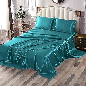 Sfoothome 3 Pieces Sheets for Twin Size Bed Hotel Silky Teal Satin Sheet Set Satin Bed Sheets with