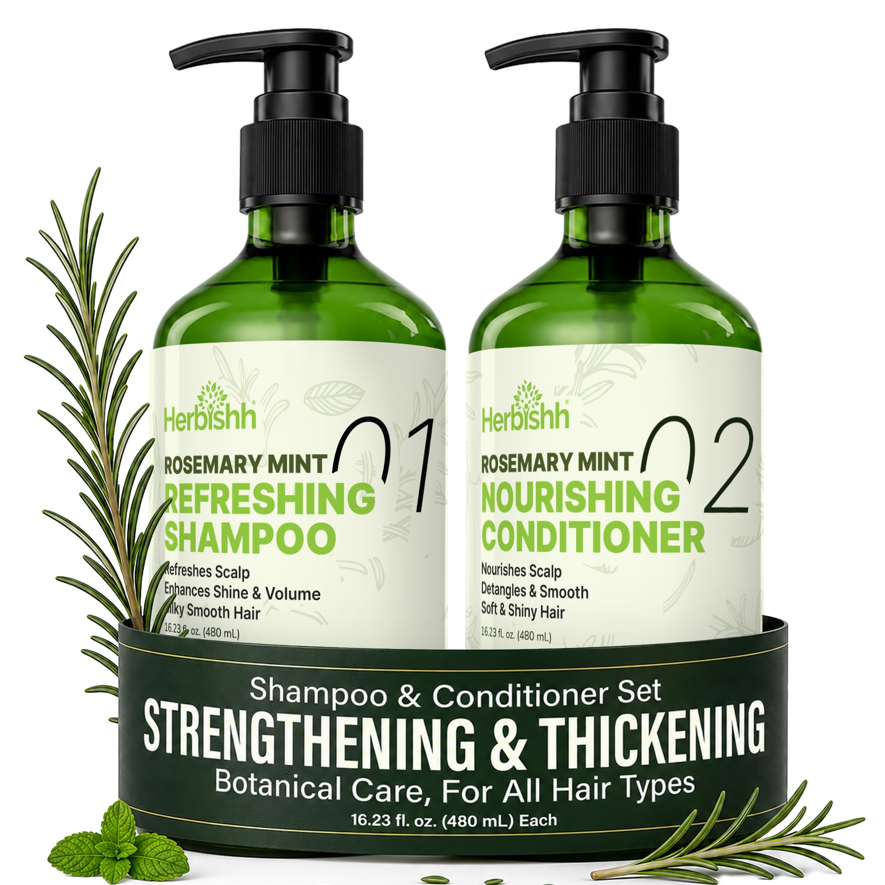 Herbishh Rosemary Mint Shampoo & Conditioner Set (16.23 fl. oz Each), Clarifying Shampoo for Oily Hair, Helps Remove Oil & Residue, Nourish Smooth Damaged Frizzy Strands, Volumizing Hair Care Duo