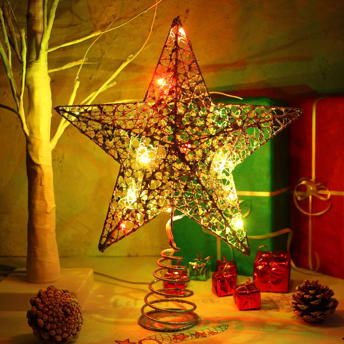 Étoile de sapin de Noël classique pailletée 3D avec 15 LED, Décoration pour intérieur et bureau, Noël, Nouvel An, vacances, fête, lumière argentée