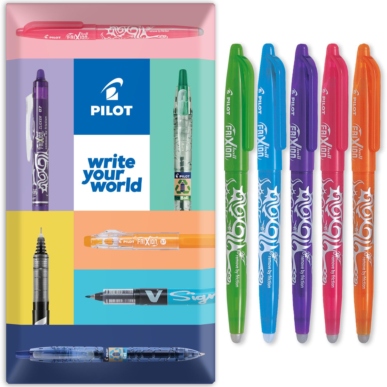 Frixion Heat/Friction Erasable Rollerball Pen FR7 - Medium Line 0.7mm Tip Nib - Floral Pack of 5 - Lime Green, Light Blue, Violet, Pink & Orange - In Envelope Gift Packaging