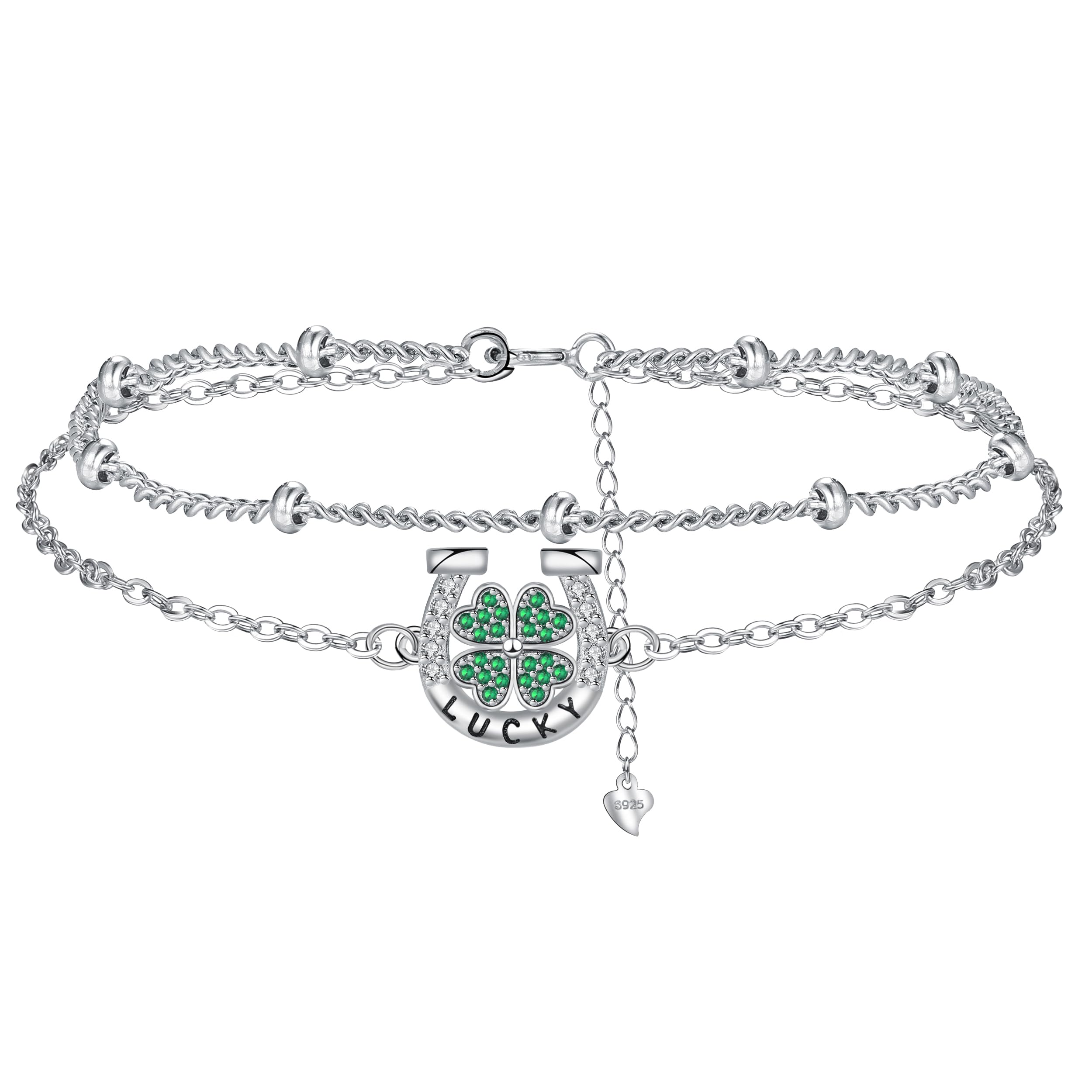 Hifeeled Damen Armband 925 Sterling Silber Doppelkette mit Kugelperlen für Frauen Original Schmuck Weihnachten Geschenk Mutter Ehefrau Freundin Verstellbarer [16+4cm]