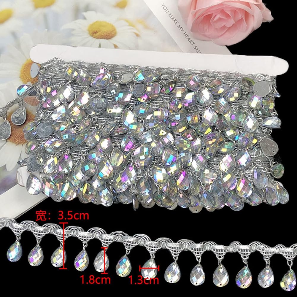 Bordure à Franges Perles Et Paillettes - 1 Yard (env. 91 Cm) X 3,5 Cm - Multicolore - Pour Costumes, Danse, Décoration Textile