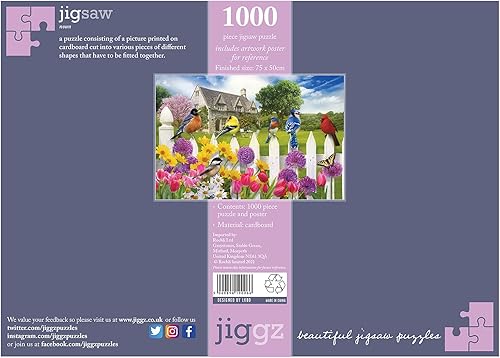 Miniatura 4 de Jiggz Garden Birds - Rompecabezas de 1000 piezas, cada pieza es única, desafiante juego familiar divertido para adultos, casa de campo, lindos