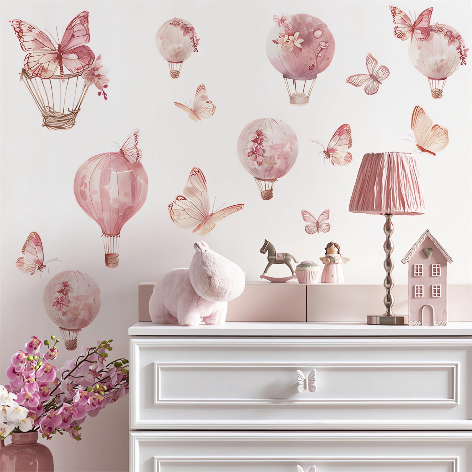 Calcomanías de pared grandes con diseño de mariposa rosa, globos de aire caliente, calcomanías de pared de vinilo extraíbles para niños, bebés, niñas, guardería, dormitorio, habitación de
