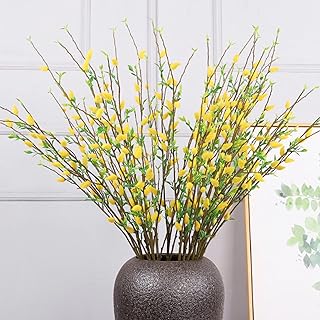 Pectt 6Pcs Artificial Pussy Willow Branches for Tall Vase, 33 Long Faux Jasmine Plant, Fake Willow Stems Silk Flower for Home Kitchen Dining Table Centerpiece Decor, Yellow, 33Inch-6Pack