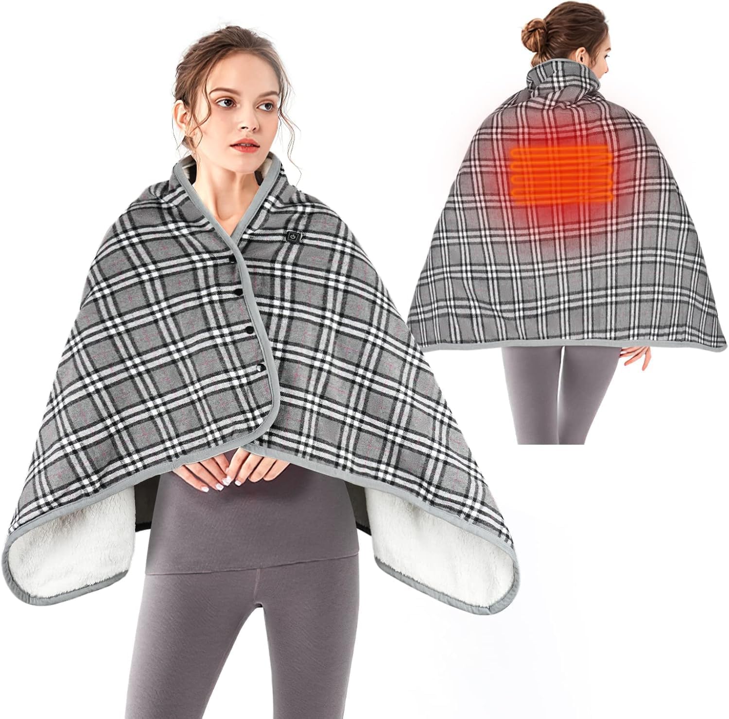 WIOR 55 x 31.5Inch Heated Blanket Shawl, Wearable USB Electric Plaid Blanket Heated Wrap f...