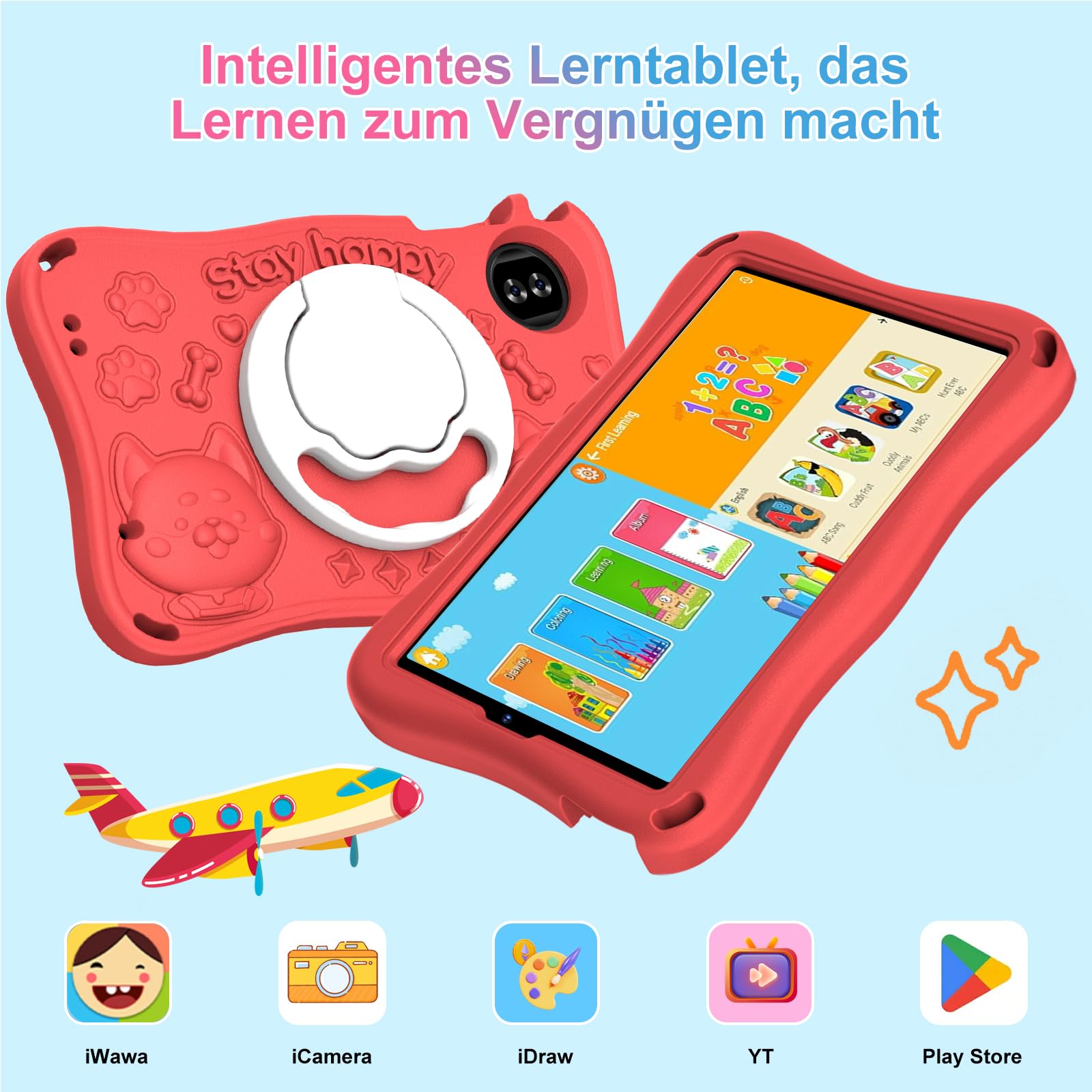 2026 Tablet Android 15 Octa Core Tablets 9 Zoll mit 32GB ROM+TF 2TB 5G WiFi Widevine L1, GPS, Face ID 8 MP + 5 MP 5000mAh,1340 * 800,BT 5.0, Kids Tablet mit Eva Case - Rot