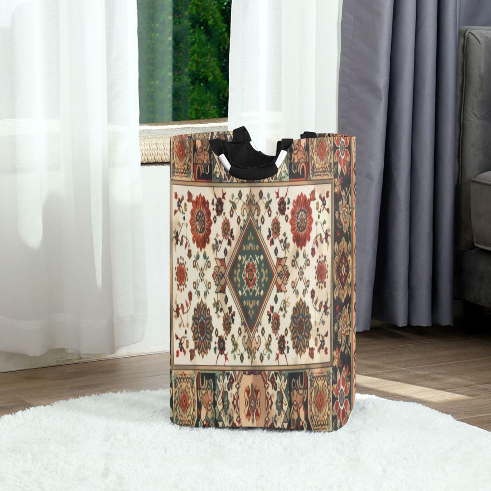 Jihqo Laundry Hamper Basket Mexican Floral Talavera Print Collapsible Nursery Storage Bin Waterproof Clothing Baskets for Home Bedroom Bathroom Washing Room