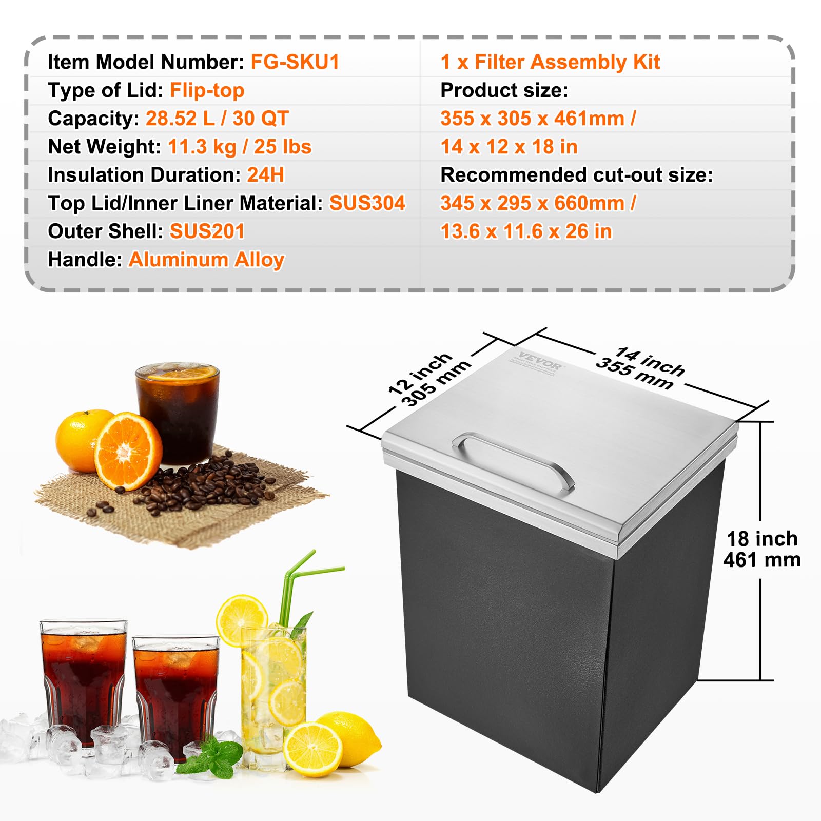 VEVOR Cofre de Hielo, 355 mm de Largo x 305 mm de Ancho x 461 mm de Alto, Enfriador de Hielo de Acero Inoxidable, Contenedor de Hielo Comercial con Cubierta con Bisagras, Aleación de Aluminio de Mango
