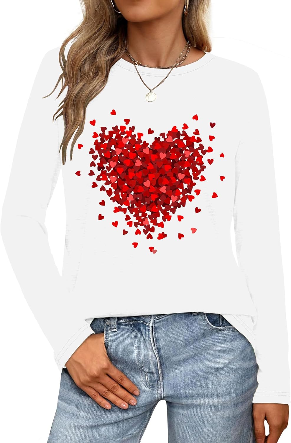 Valentines Long Sleeve Shirts for Women Valentine Love Heart Printed Tee Casual Tops