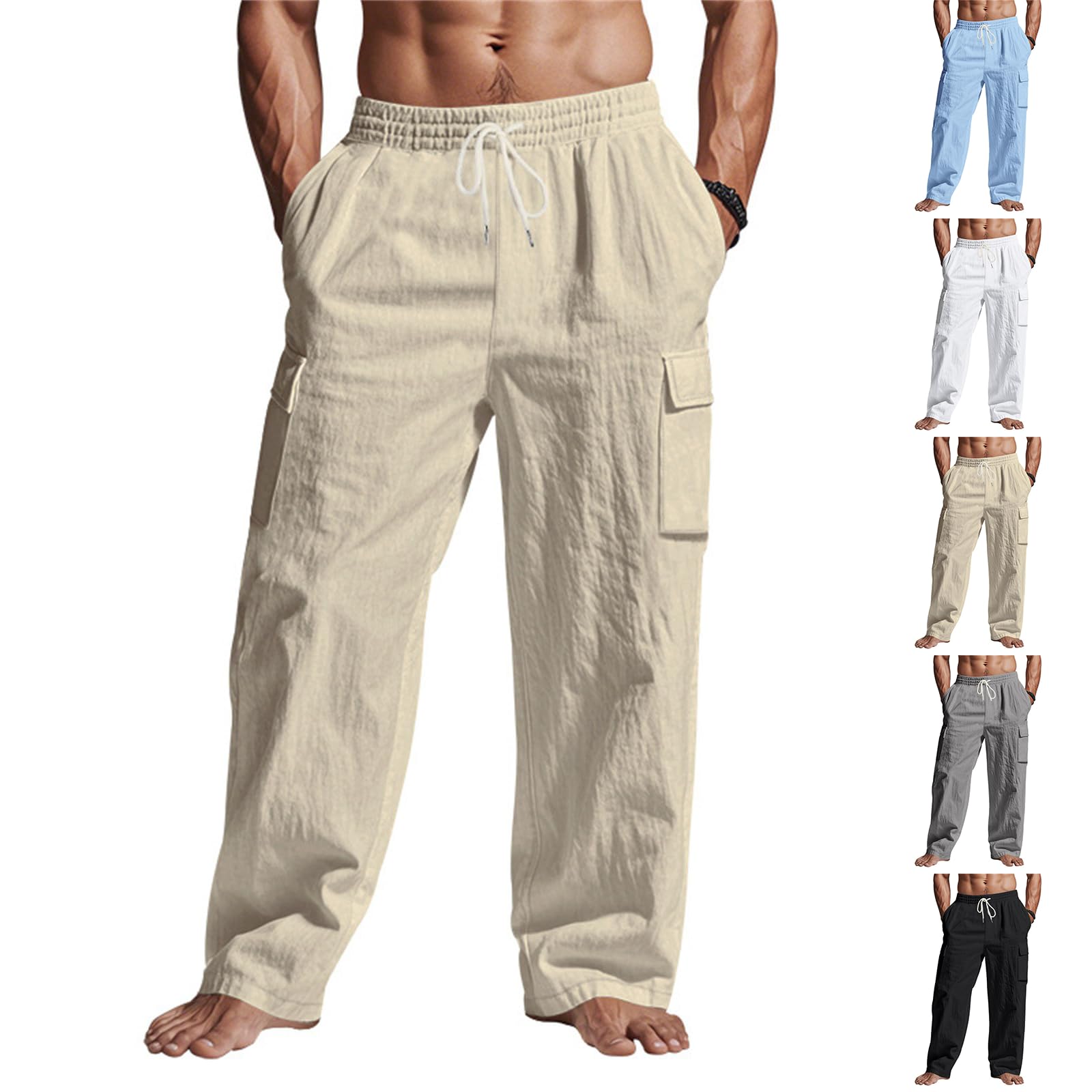Khaki Linen Cargo Pants for Men Summer Casual Elastic Waist Pants with Pockets Boho Beach Yoga Pants Loose Fit Travel Pants Straight Fit Lounge Pants Lightweight Linen Pants Comfy Cotton Linen Trouser