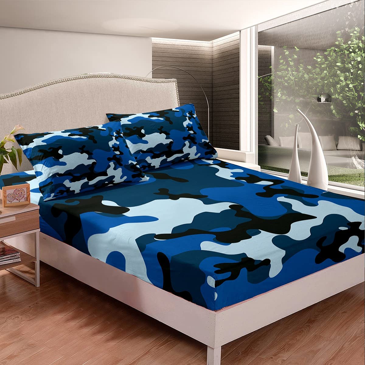 Feelyou Kids Camo Bed Sheet Set Boys Army Camouflage Bedding Sheets Teens Youth Man Colorful Pattern Art Decor Bedding Fitted Sheet Dark Blue Bed Cover Room Decor 3Pcs Full Size
