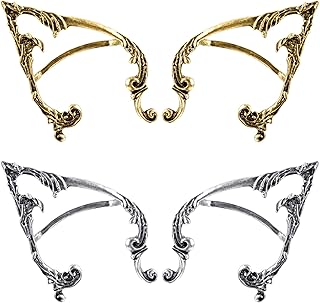 2 Pairs Alloy Gothic Elf Earrings for Left & Right Ear Decoration, Piercing Elf Shape Cosplay Ear Cuff Clip Wrap Punk Earring Studs Crawler Earrings for Women Girls Female Family Friends- Platinum & Gold