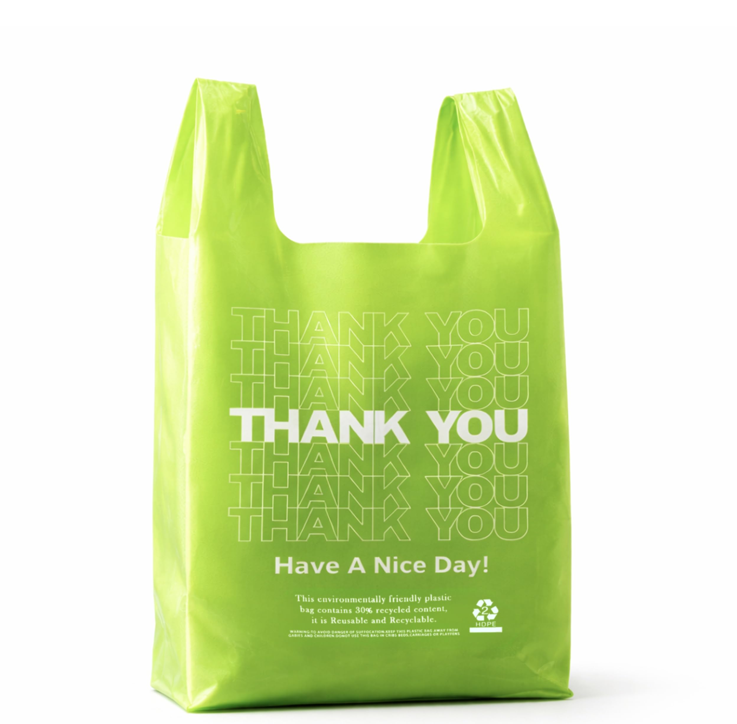 YoYoRain 100 Pack “Thank You” T-Shirt Bags – Green Plastic Shopping Bags with Handles, for Retail, Grocery, Supermarket, Takeout