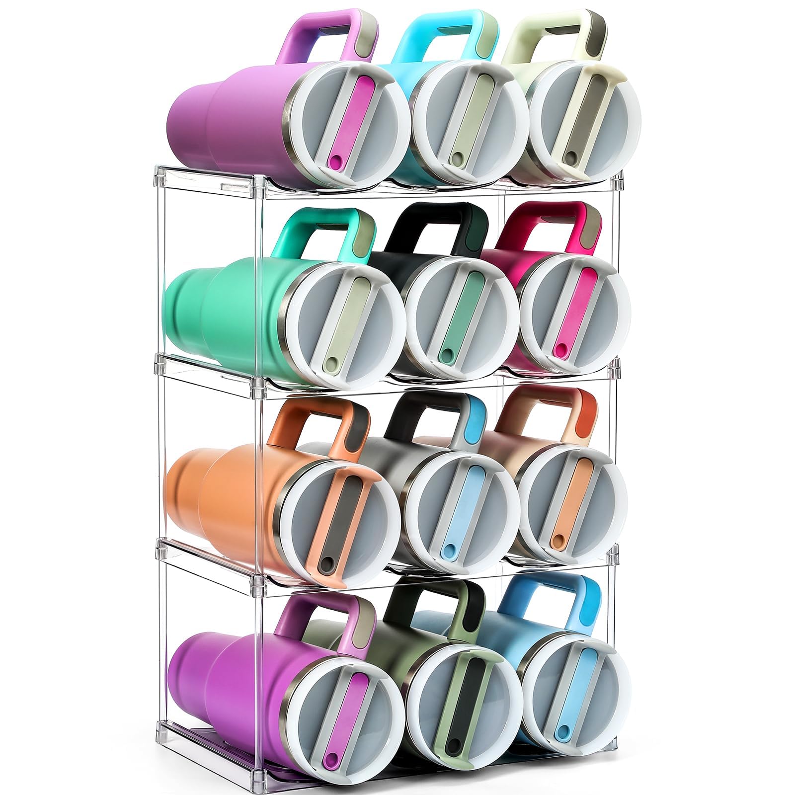 Design for Stanley 40 OZ & Large Bottles & Tumblers with Handle, Acrylic Water Bottle Organizer - Stackable Clear Wine Rack, Cup Holder for Home Kitchen Pantry Shelf Countertop Cabinet, 4 Tier Hold 12