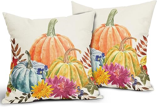 Miniatura 2 de Sweetshow Juego de 2 fundas de almohada otoñales de 20 x 20 pulgadas, color verde azulado, amarillo, naranja, calabaza, flores, hojas, Acción de
