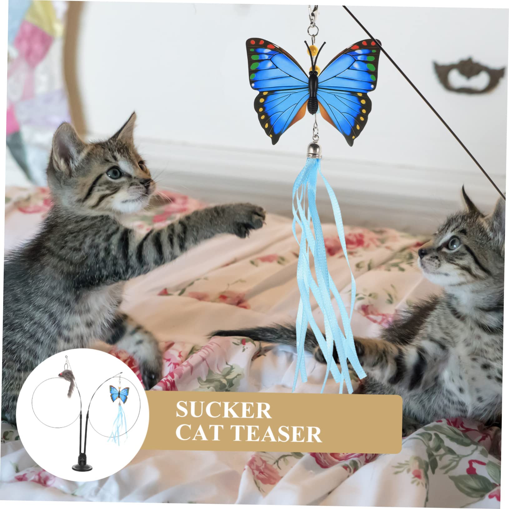 Yardwe 4stücke Doppelte Teaser-Sticks Für Katzen Mit Saugnapf Interaktives Spielzeug Für Katzen Fördert Und Mit Zwei Bunten Federaufsätzen Blaues Schmetterling Graue