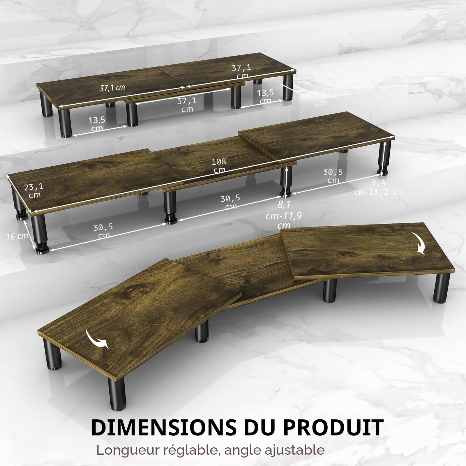 Support de moniteur double avec pieds en acier à hauteur réglable, support de moniteur en bois pour bureau, rehausseur de moniteur pour 2 moniteurs avec espace de rangement