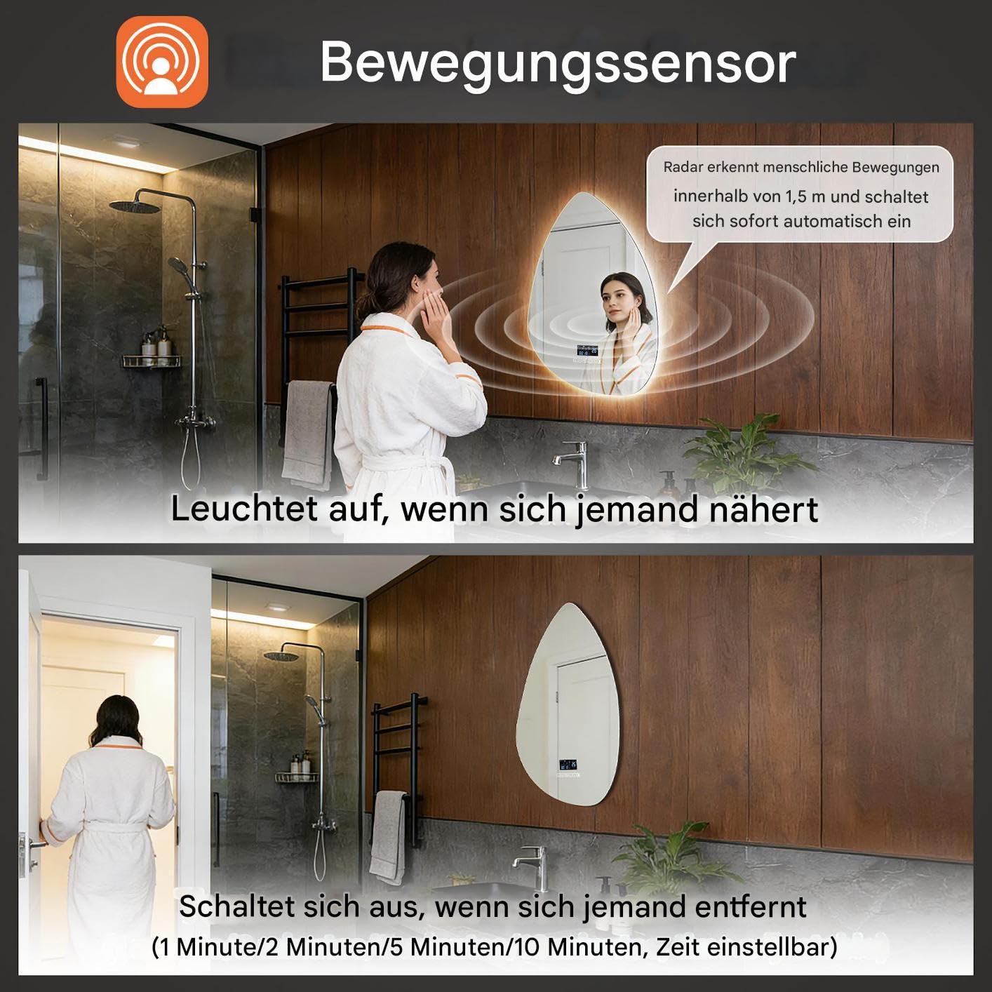 Miroir de salle de bain avec éclairage, LED, 45 x 60 cm, interrupteur tactile, intensité variable, 3 couleurs de lumière, anti-buée, fonction mémoire, haut-parleurs Bluetooth, protection contre
