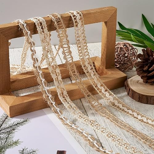 Miniatura 6 de Pandahall - 4 rollos de cintas de arpillera natural, cintas de encaje de yute, cintas finas de tela para manualidades, cuerda rústica para envolver