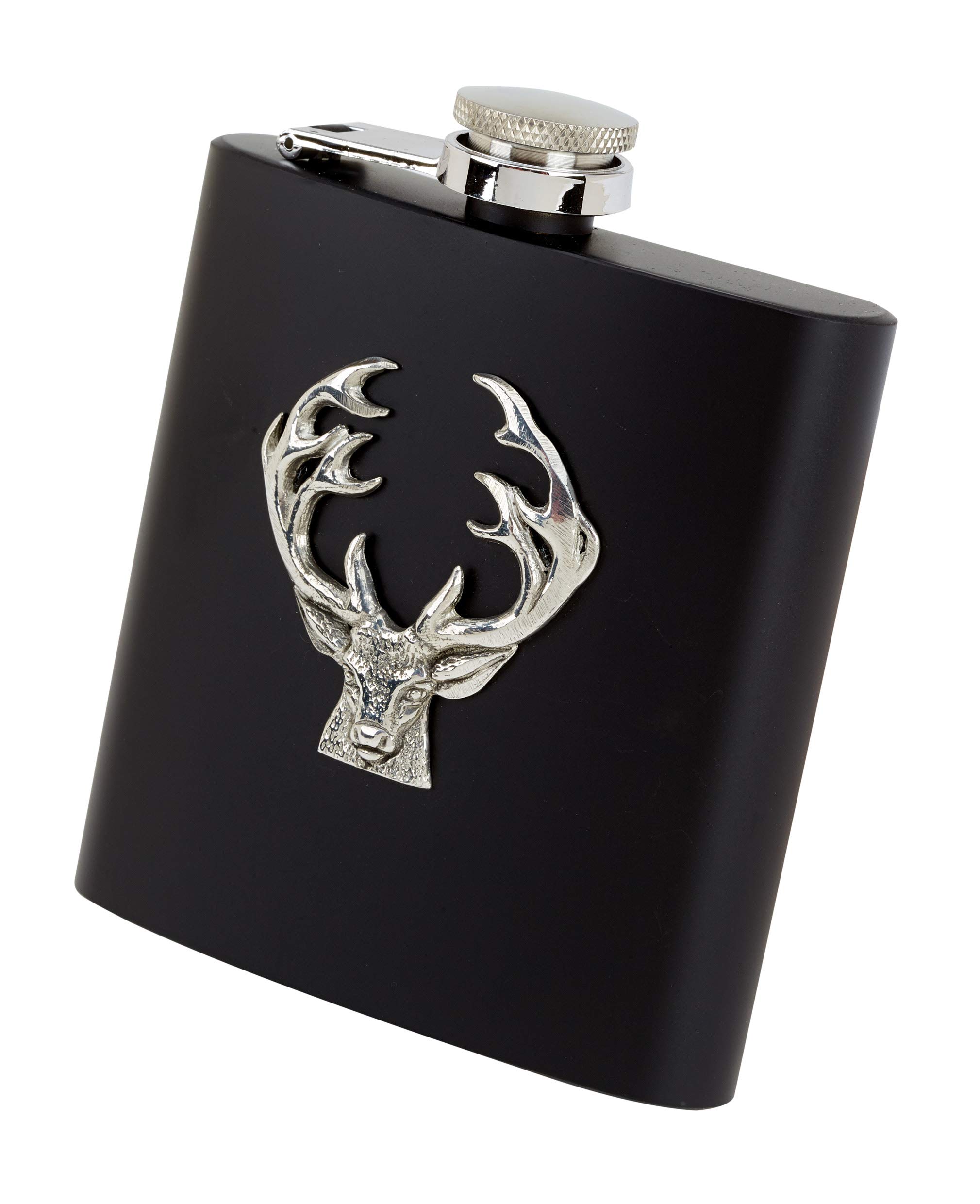 6oz oblong stainless steel, black leather covered hip flask with funnel in a presentation box - with a pewterware motif of a stag's head and antlers
