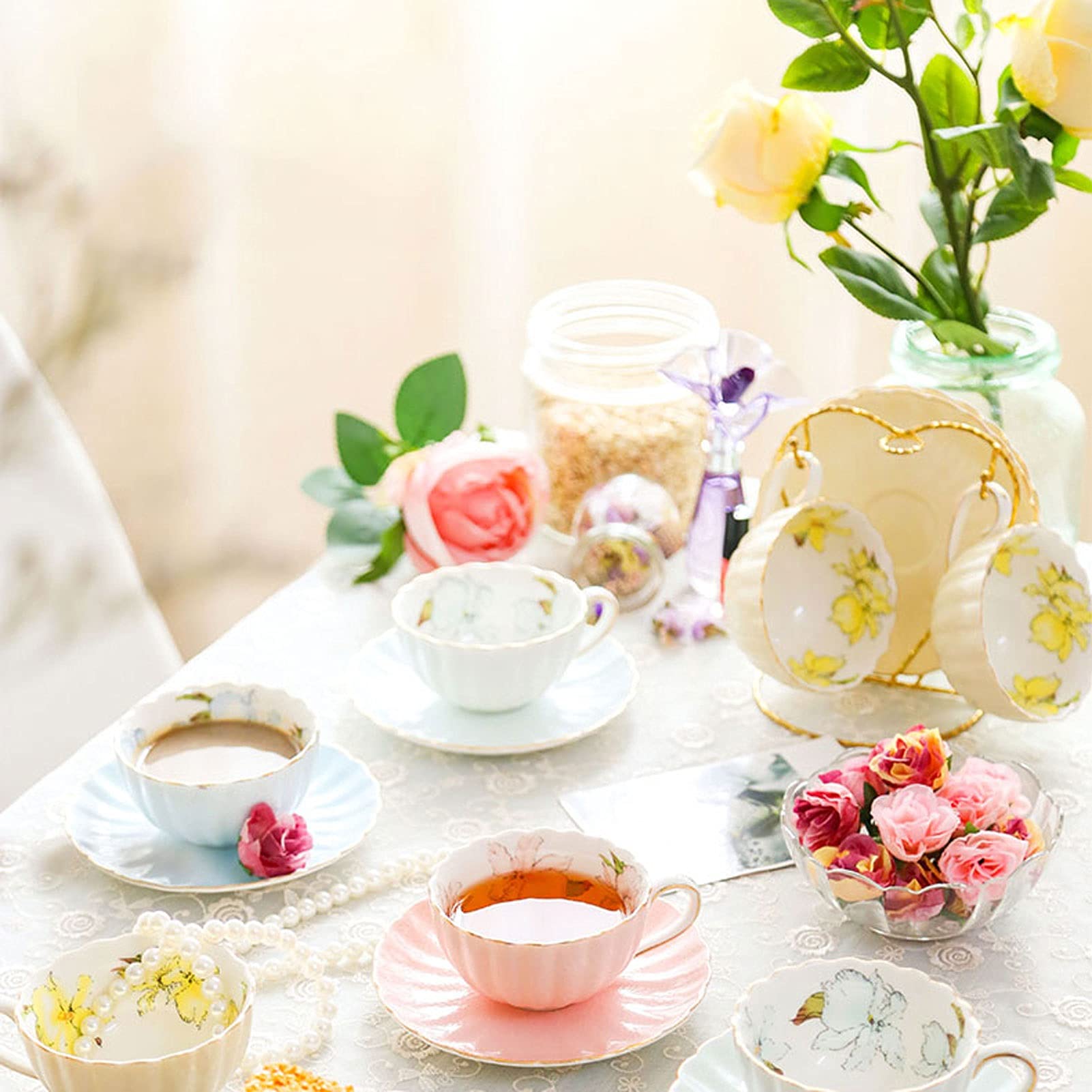 Tazzine da caffè Set da tè pomeridiano Britannico Tazza da tè con Fiori per la casa Tazza in Ceramica Fatta a Mano Elegante Tazza da caffè per Ragazze Adatta per Il tè pomeridiano di Nozze