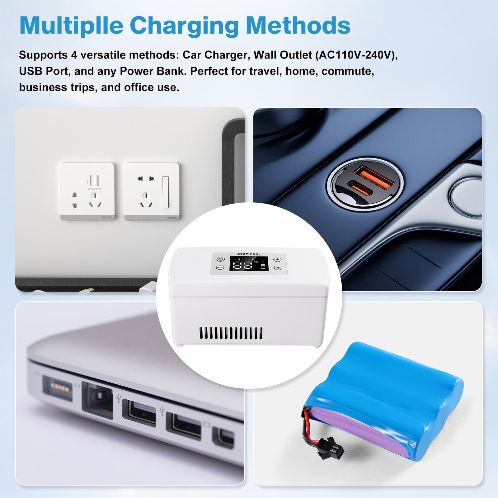 Funda de viaje portátil para enfriador de insulina con termostato digital, cumple con la FAA | Estable de 0 a 18 °C, capacidad para 3-6 bolígrafos, batería larga, coche/pared/USB, LCD fácil.