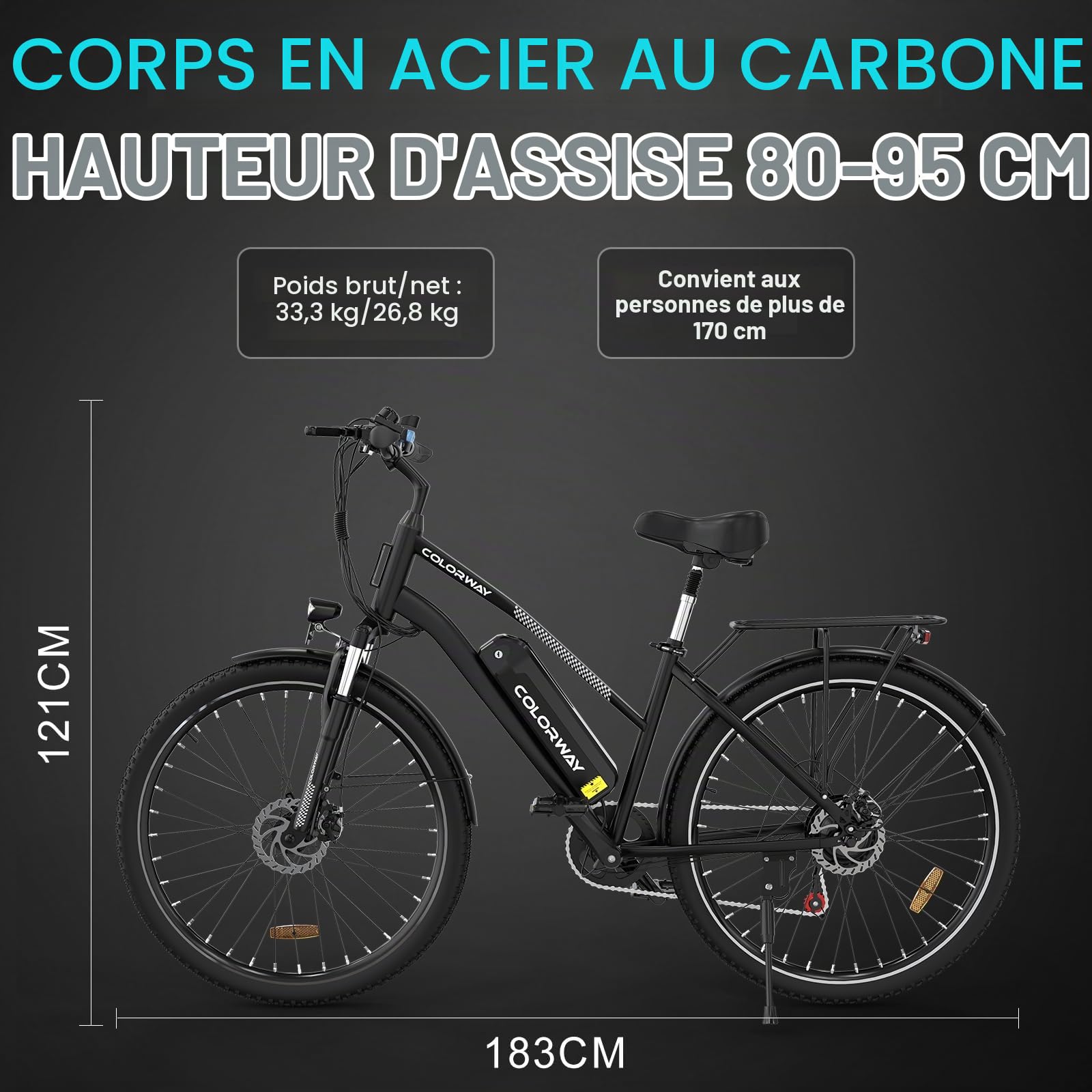 COLORWAY Vélo Électrique, ebike de 28 Pouces pour hommes et femmes, vélo électrique de ville avec au lithium amovible 36V 15Ah, 7 vitesses avec moteur 250W, écran intelligent, autonomie de 45 à 100 km