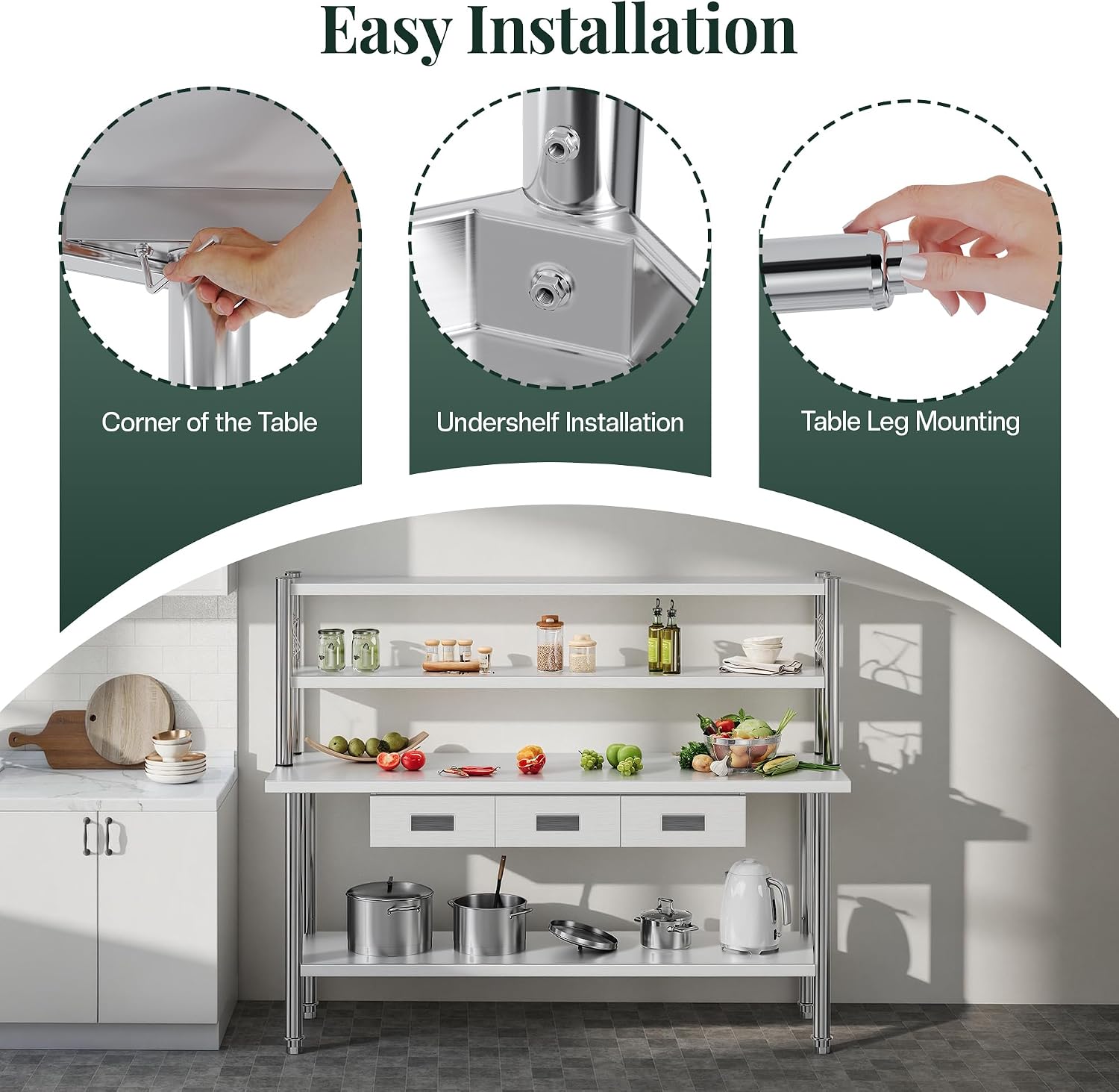 72"x24" Stainless Steel Work Table with Overshelves, 2/3 Drawers, Adjustable Shelf & Hooks, NSF-Certified Heavy-Duty Prep Station for Commercial Kitchen, Restaurant, or Garage