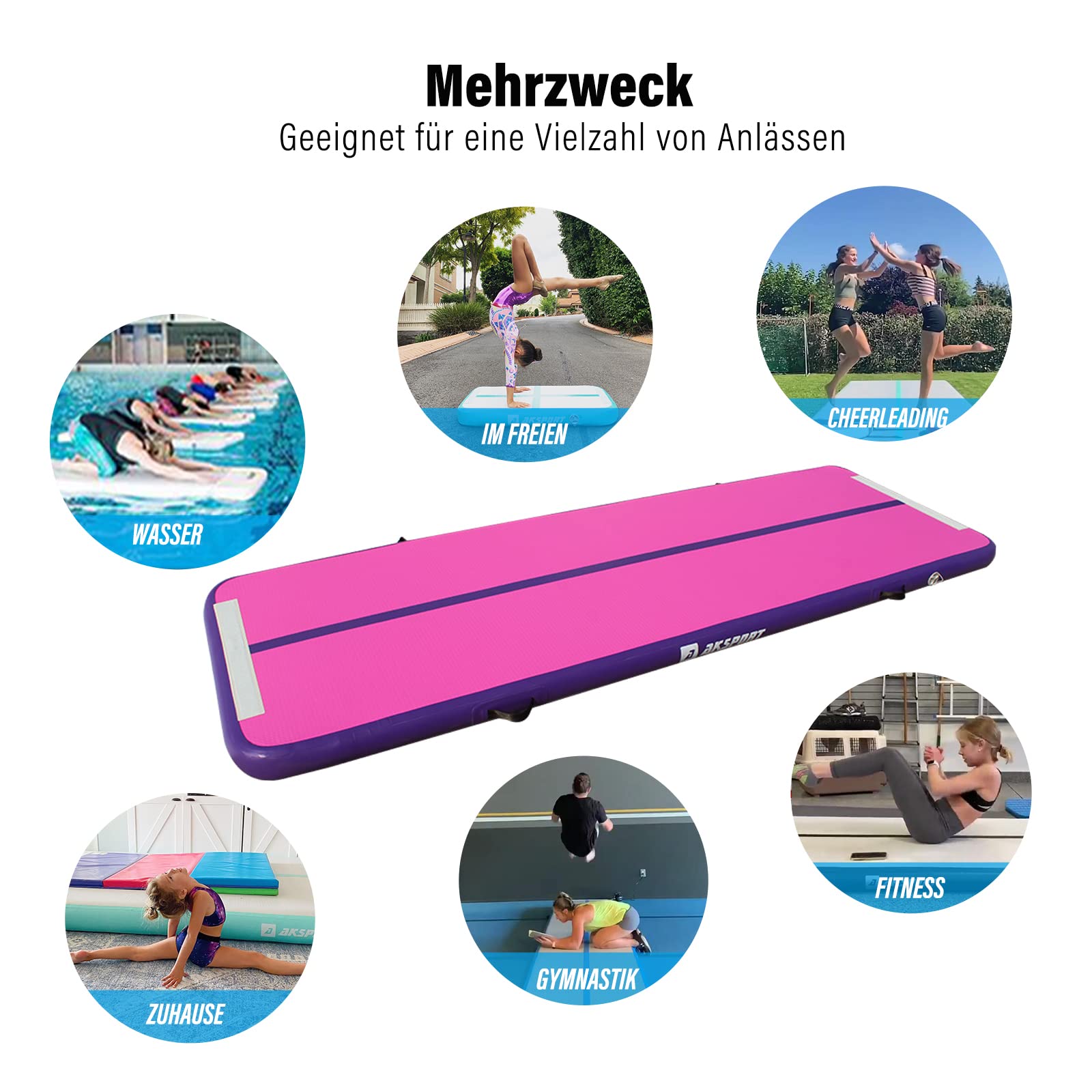 AKSPORT Tappeto Gonfiabile per Ginnastica da 3/4/5/6 metri Air Track Ginnastica Artistica 10/20 cm con Pompa Elettrica per Casa, Campeggio, Palestra,Formazione,Cheerleading
