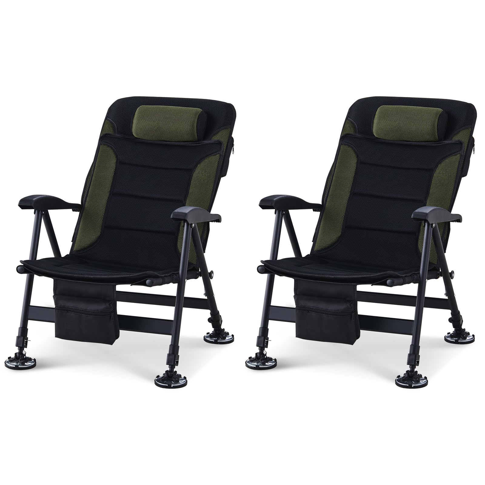 LEMROE Set of 2 Foldable Camping Chair, Lightweight Camping Fishing Chair with Adjustable Legs and Armrest, Padded Seat Rotating Feet for Outdoor