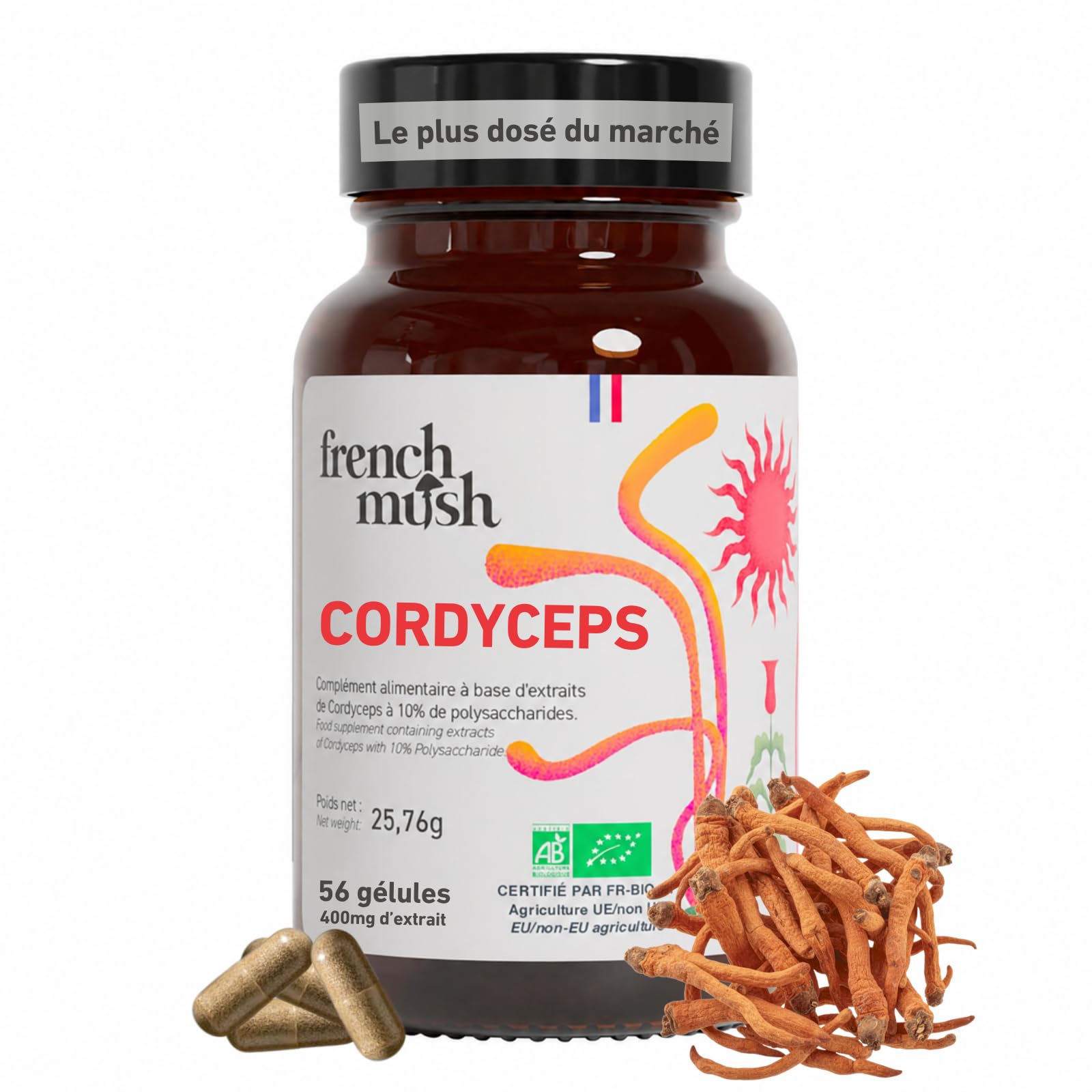 Cordyceps Bio - 56 Gélules Vegan - Champignon Pour Bien-Être, Performances Physiques, Énergie - 1 à 2 Gélules Par Jour - Complément Cordyceps Mushroom, Fabriqué en France